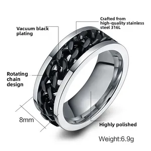 Detail of 8mm men's 316L stainless steel spinner ring with rotatable black chain