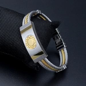 Three-row steel cable men's bracelet with gold accents and central gear detail