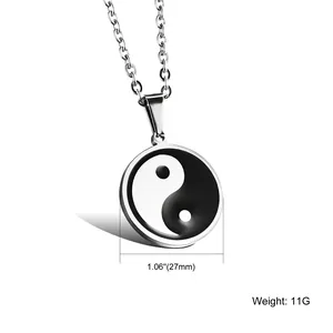 Polished stainless steel Tai Chi Yin Yang pendant necklace with 27mm diameter size guide