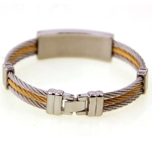 Two-tone steel cable woven bracelet with golden accents and flat metal plate
