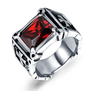 Vintage Gothic Titanium Steel Men Ring With Rectangular Red Black Stone Maltese Cross Skull Relief Punk Biker Jewelry Gift