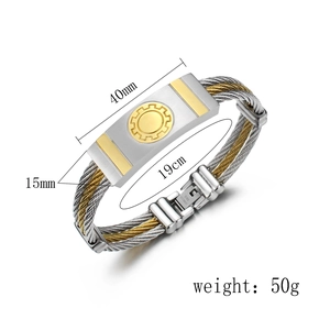 Three-row steel wire bracelet with silver and gold finish and dimension markings