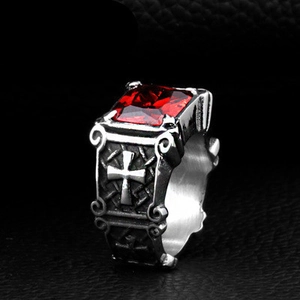 Retro stainless steel men's ring featuring a square red gemstone and cross relief