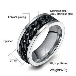8mm spinner ring for men made of 316L stainless steel with a rotating black chain inlay