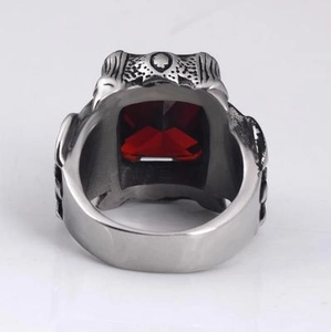 Vintage stainless steel ring for men featuring a large rectangular red ruby gemstone