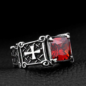 Vintage stainless steel ring for men with red square zircon and side cross engravings