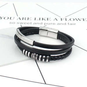 Men's multilayer black leather bracelet with silver magnetic clasp and punk metal beads