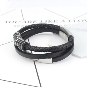 Men's multilayer black braided leather bracelet with stainless steel magnetic buckle