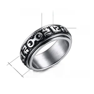 Detail view of 8mm stainless steel spinner ring with engraved Sanskrit relief