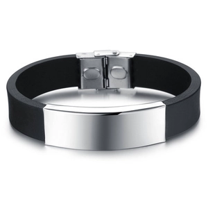Men's Simple Silicone Stainless Steel ID Bracelet Polished Metal Plate Foldable Clasp Sporty Casual Bangle Jewelry Gift
