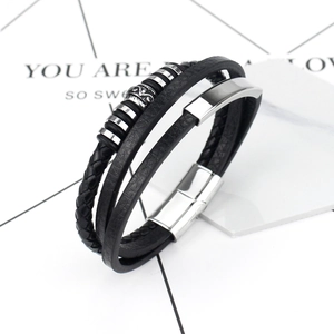 Men's multilayer black braided leather bracelet with stainless steel magnetic clasp