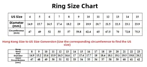 Comprehensive ring size chart showing US and HK measurements in diameter and circumference