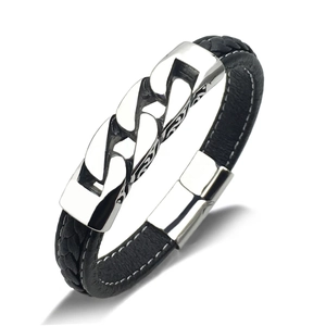 Men Black Braided Microfiber Leather Bracelet Stainless Steel Cuban Link Decor Punk Style Magnetic Clasp Hand Jewelry