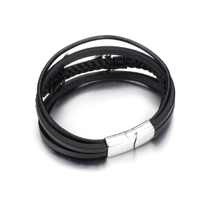 Black multilayer braided leather bracelet for men with silver magnetic stainless steel clasp