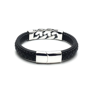 Men's punk style leather bracelet with vintage engraved titanium steel scroll accents