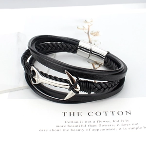 Multi-layer black leather men's bracelet with silver metal anchor charm and magnetic clasp