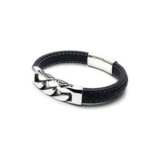 Punk style men's black leather bracelet with engraved titanium steel magnetic clasp
