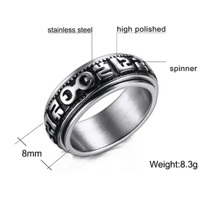 8mm vintage spinner ring for men in polished stainless steel with embossed symbols
