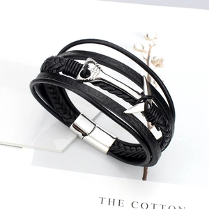 Multilayer black leather men's bracelet with silver anchor charm and magnetic clasp