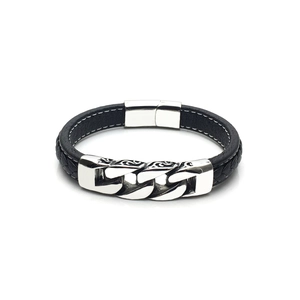 Men's punk leather bracelet featuring polished steel chain detail and magnetic clasp