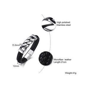 Punk style men's bracelet with black microfiber leather and polished stainless steel buckle