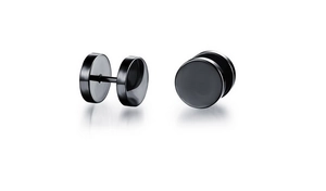 Macro shot of black stainless steel dumbbell stud earrings with a polished finish