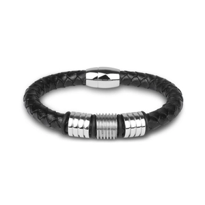 Close-up of men's black braided leather bracelet with metallic beads and magnetic clasp
