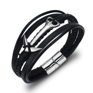 Men Multi-Layer Braided Leather Bracelet With Stainless Steel Anchor Charm Magnetic Clasp Vintage Nautical Jewelry Gift