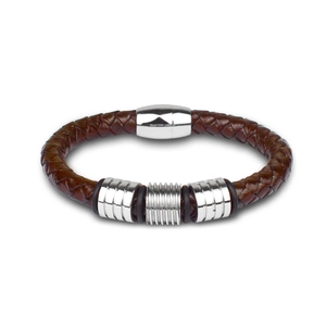 Detail of brown braided leather bracelet with silver metal rings and magnetic clasp