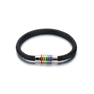 Bracelet en cuir noir tressé avec fermoir magnétique arc-en-ciel unisexe
