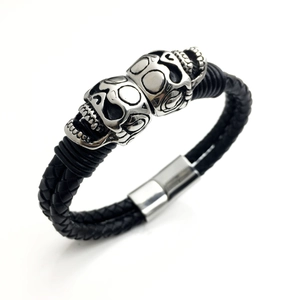 Punk Men Black Braided Cattle Hide Leather Bracelet With Silver Skull Charms Gothic Rock Jewelry Secure Magnetic Clasp Biker Wristband