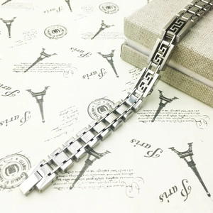 Men's titanium steel bracelet featuring bold Greek meander patterns and square links