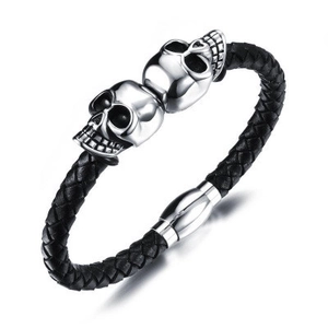 Men Vintage Punk Skull Braided Leather Bracelet Titanium Stainless Steel Magnetic Buckle Rock Style Fashion Jewelry