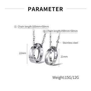 Stainless steel interlocking double ring necklace with crystals and eternity engraving
