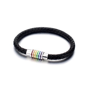 Bracelet en cuir tressé noir avec fermoir magnétique arc-en-ciel en acier inoxydable