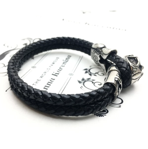 Bracciale punk a doppio strato in pelle nera intrecciata con chiusura in metallo argento