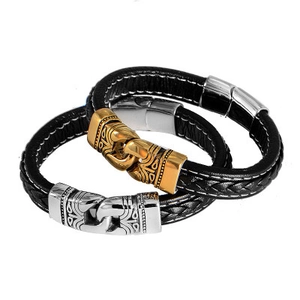 Mens black braided leather bracelets with engraved gold and silver magnetic clasps