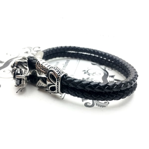 Bracciale punk in pelle intrecciata a doppio strato con testa di drago e pietra nera