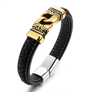 Men's black braided leather bracelet with gold patterned metal and magnetic clasp