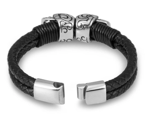 Close-up of men's double-layered braided leather bracelet with silver magnetic metal clasp