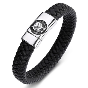 Bracelet Homme Punk Hibou en Cuir Tressé Fermoir Magnétique en Acier Inoxydable Bijoux de Mode Vintage Cadeau