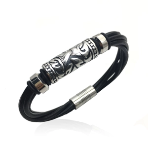 Vintage Men Titanium Steel Hexagram Bracelet Hand Woven Multi Layer Leather Cord Magnetic Clasp Tribal Pattern Jewelry