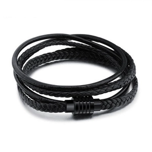 Handmade Multi-layer Braided Leather Bracelet For Men Punk Rock Style Black Metal Magnetic Clasp Casual Wristband Jewelry