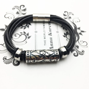 Multilayer braided black leather bracelet for men with silver geometric engraved tube