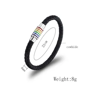 Bracelet tressé en cuir de vachette avec fermoir magnétique aux couleurs arc-en-ciel