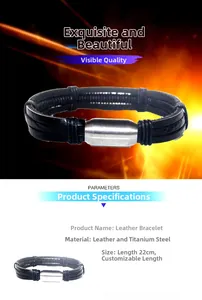 Detailed view of multilayer woven black leather bracelet with silver titanium magnetic clasp