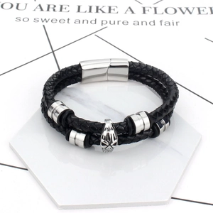 Punk style double-strand black braided leather bracelet with skull charm and steel magnetic clasp