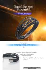 Gros plan du bracelet en cuir noir tressé avec fermoir ancre en acier au titane argenté