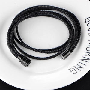 Men's handmade multilayer black braided leather bracelet with magnetic metal clasp