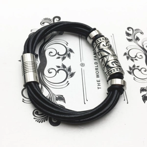 Multilayer black leather braided bracelet for men with vintage stainless steel charms